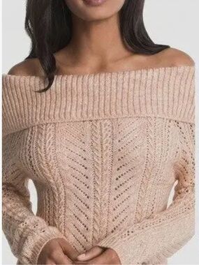 White House Black Market Blush Metallic Pointelle Cowl Neck Sweater Bow Back M